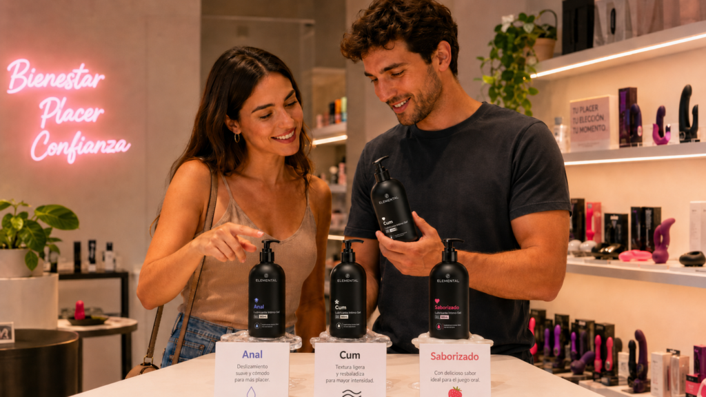 pareja en sex shop mirando que lubricante intimo elegir